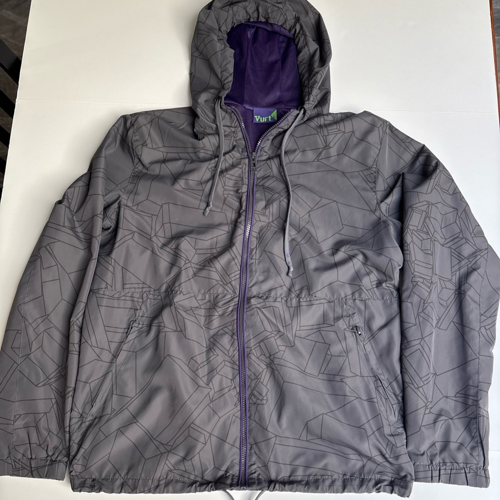 Vurt Jacket Mens Large  Skater Windbreaker Hood Gray With Geometric Design